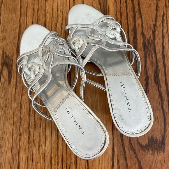 Tahari Silver Kitten Heels | Size 7M | Elegant Strappy Metallic Sandals - Picture 2 of 5
